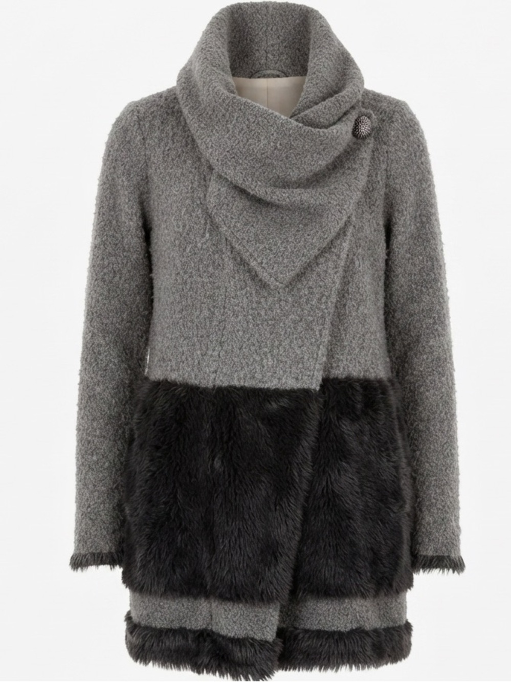 Rinascimento Cozy Gray & Black Faux Fur Trim Open Cardigan Size M  Made in Italy